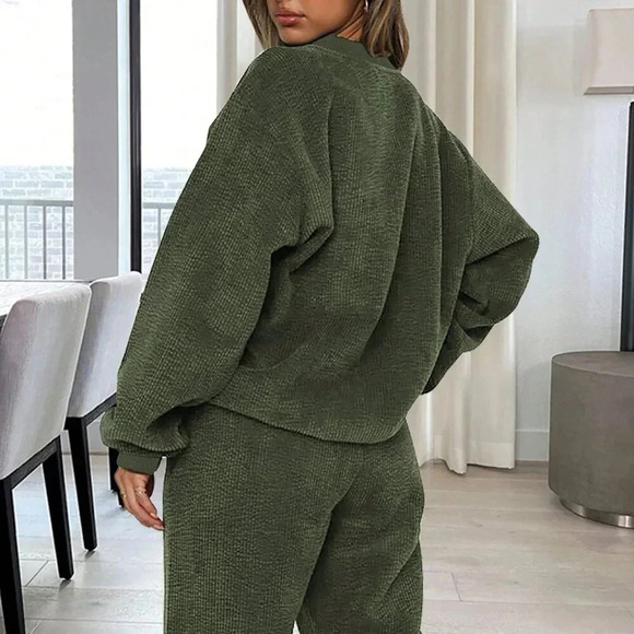 Dark Green Casual Women's Crew Neck Long Sleeve Top And Drawstring Pants Set - Picture 3 of 3